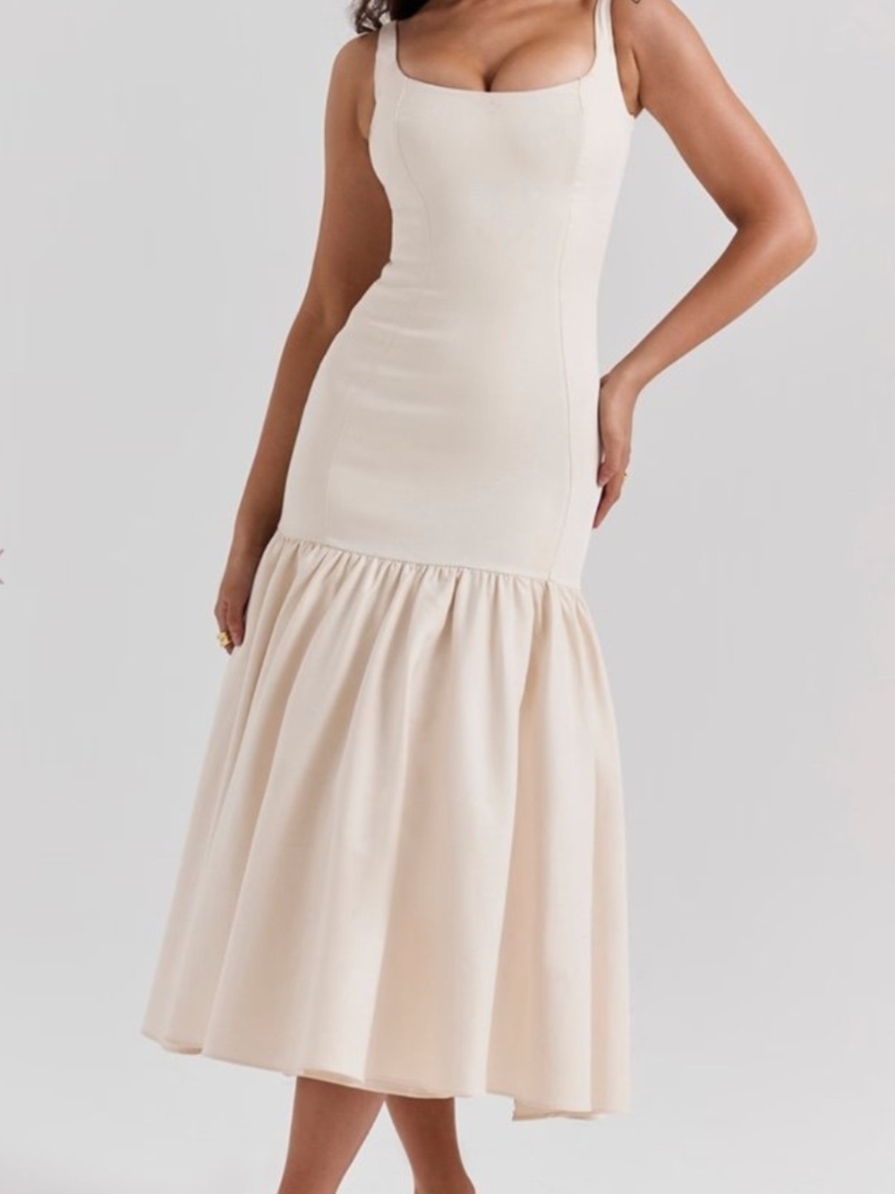 House of CB Cream Square-Neck Midi Dress with Flounced Skirt